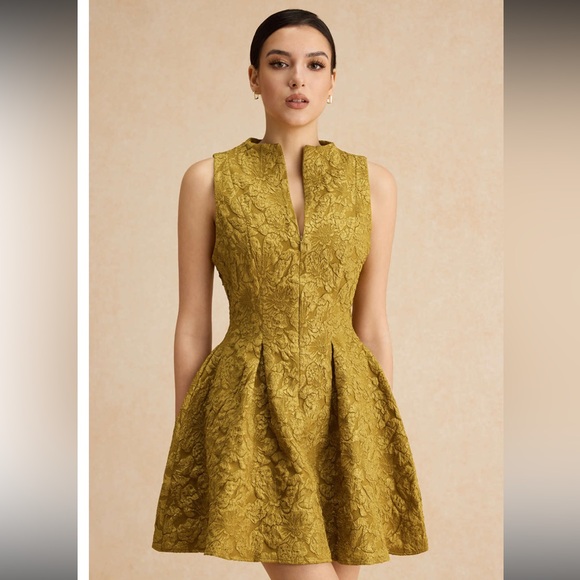 NWT Elegant Gold OCHRE JACQUARD Textured Sleeveless Dress - Picture 1 of 7